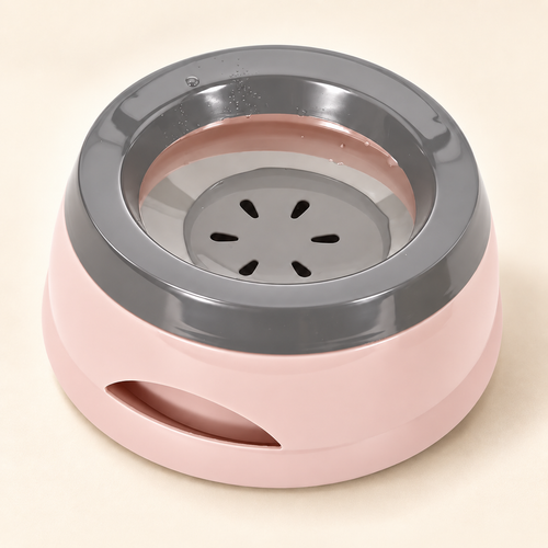 Close-up of the pink PawSpa splash-reducing travel water bowl
