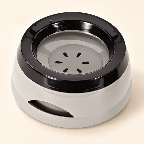 Close-up of the gray PawSpa splash-reducing travel water bowl