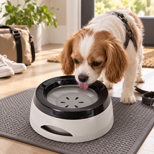 Dog drinking from a gray PawSpa travel water bowl at home before travel