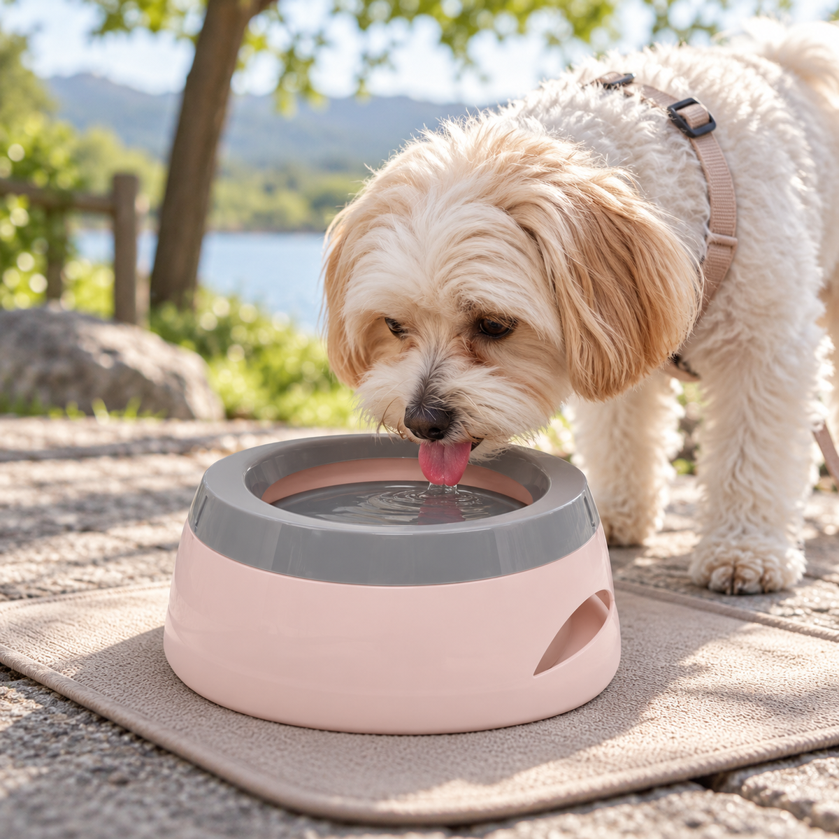 Dog drinking from a pink PawSpa travel water bowl during an outdoor travel break