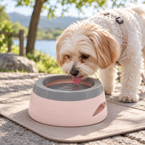 Dog drinking from a pink PawSpa travel water bowl during an outdoor travel break