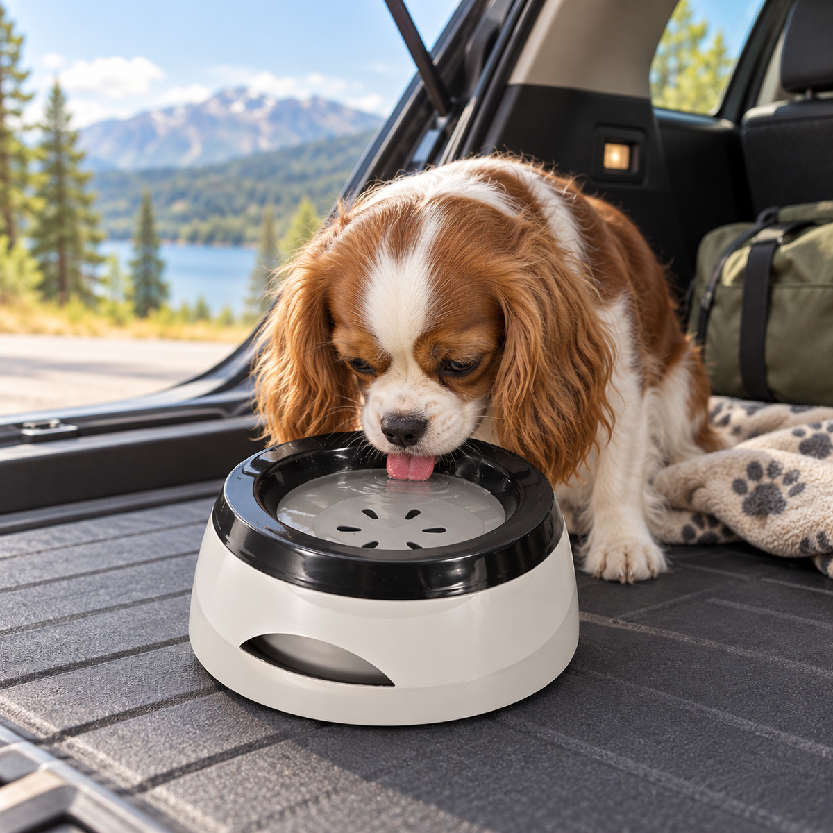 Dog drinking from a gray PawSpa travel water bowl in an SUV cargo area