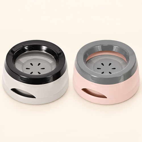 Gray and pink PawSpa travel water bowls side by side